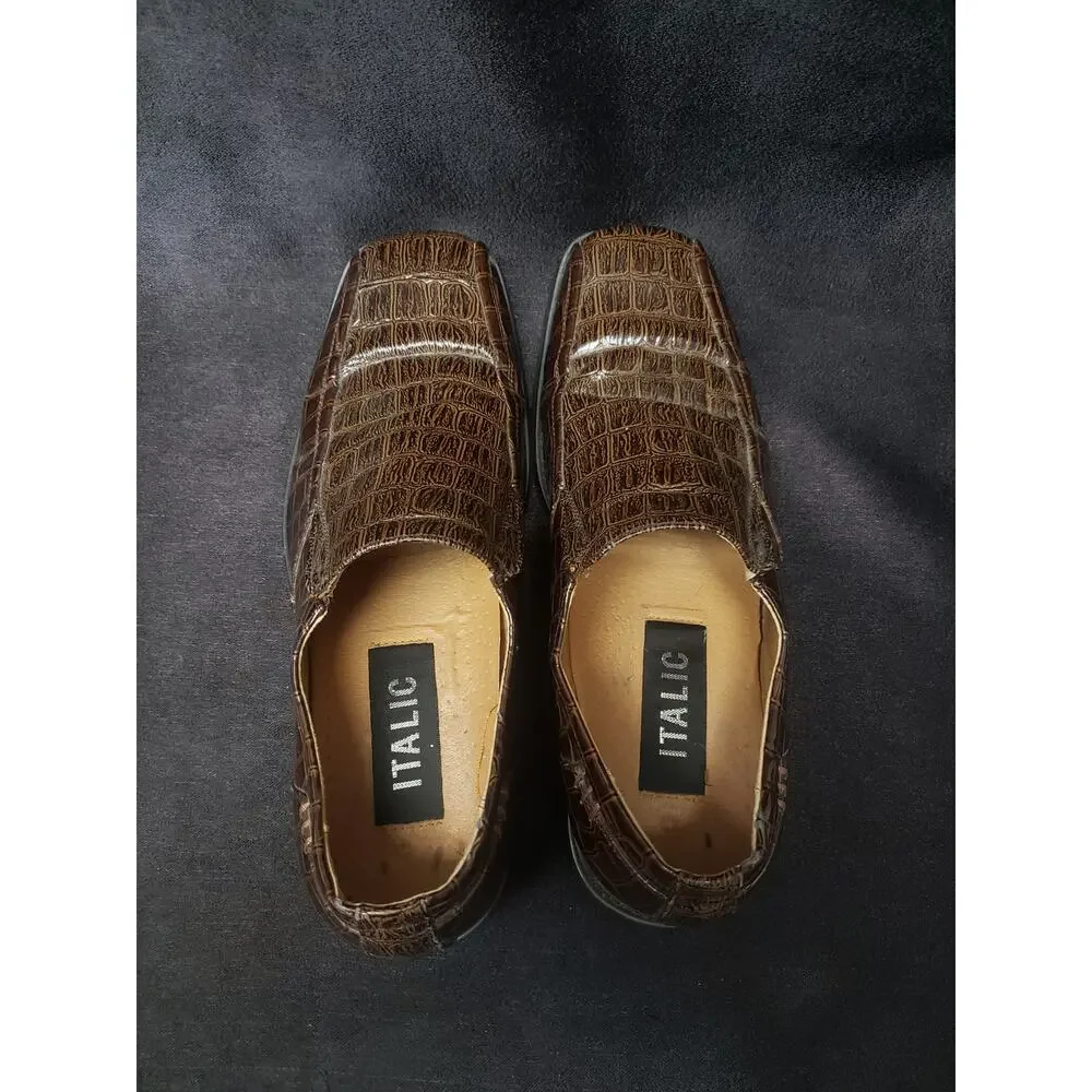Italic Men's Brown Leather Slip On Side Stretch Square Toe Loafers Dress Shoes